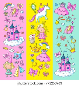 Cute princess Icons set with unicorn, dragon Girl wallpaper Baby shower Invitation Kindergarten, preschool, nursery, birthday, school party