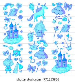 Cute princess Icons set with unicorn, dragon Girl wallpaper Baby shower Invitation Kindergarten, preschool, nursery, birthday, school party