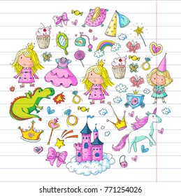 Cute princess Icons set with unicorn, dragon Girl wallpaper Baby shower Invitation Kindergarten, preschool, nursery, birthday, school party