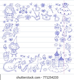 Cute princess Icons set with unicorn, dragon Girl wallpaper Baby shower Invitation Kindergarten, preschool, nursery, birthday, school party