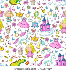 Cute princess Icons set with unicorn, dragon Girl wallpaper Baby shower Invitation Kindergarten, preschool, nursery, birthday, school party
