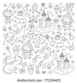 Cute princess Icons set with unicorn, dragon Girl wallpaper Baby shower Invitation Kindergarten, preschool, nursery, birthday, school party