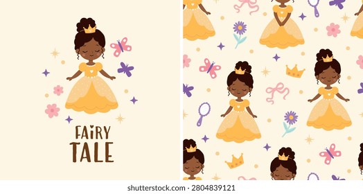 Cute princess illustration with matching seamless pattern. Hand drawn flat vector set for nursery decor, kids fabric, wallpaper, wrapping paper, textile, baby products and children's apparel. Cute princess illustration with matching seamless pattern. Hand drawn flat vector set for nursery decor, kids fabric, wallpaper, wrapping paper, textile, baby products and children's apparel.