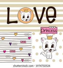 Cute princess kitten. Love cat. Can be used for anything for kids, T-shirt graphics design, wall decoration, bedding, card, booklet cover, textile, printing and embroidery.