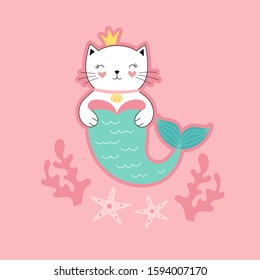 Cute princess kitty mermaid, a fantastic underwater world. Girlish print for t-shirts, postcards. Vector illustration for children.