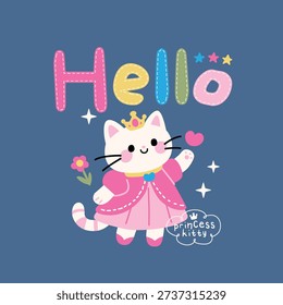 Cute Princess Kitty Waving Hello with Crown and Stars