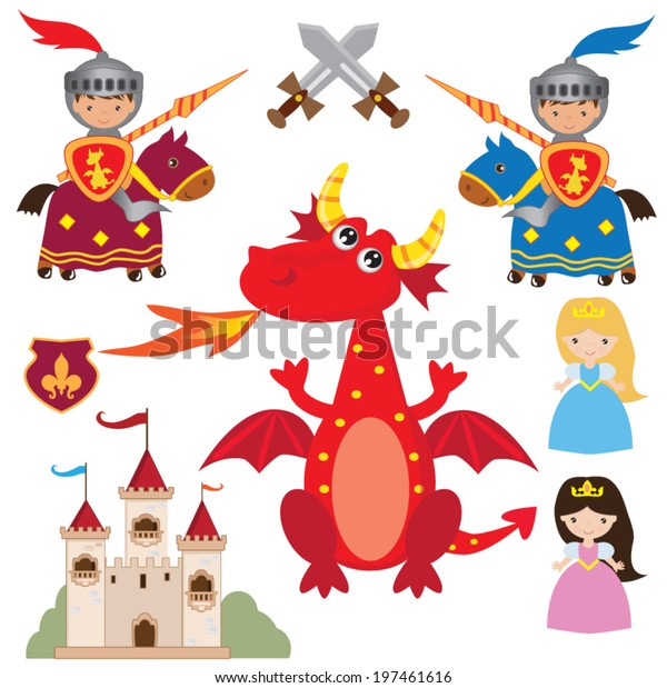 かわいいお姫様と騎士とドラゴンイラスト のベクター画像素材 ロイヤリティフリー