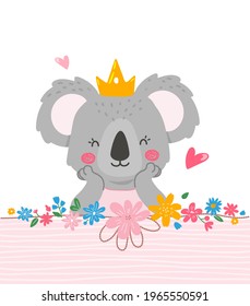 Cute princess koala design, template for invitation card, napkins design,cups,plates.Event decoration for girl party.Modern vector illustration in flat style. 