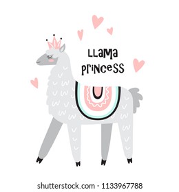 Cute princess lama in the crown. Vector illustration. Good for greeting cards, romantic invitations, decoration, etc.