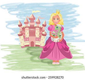 Cute princess with little dragon, vector illustration