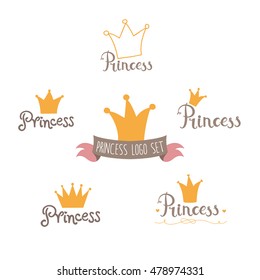 Cute Princess Logo Set In Vector In Bright Colors.