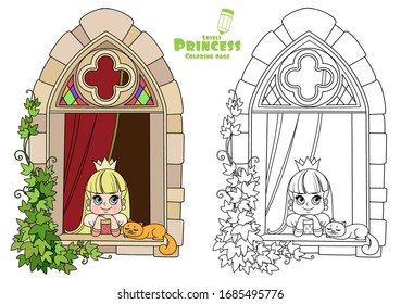 Cute princess looks out of a castle window covered with ivy outlined and color for coloring book