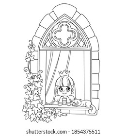 Cute princess looks out of a castle window covered with ivy outlined for coloring book