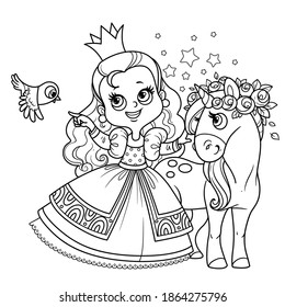 Cute Princess In Lush Dress With Cure Unicorn Outlined For Coloring Book