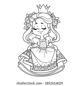 Cute princess in lush dress curtsy outlined for coloring book 