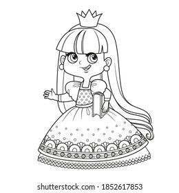 Cute princess in lush dress hold a book under her arm outlined for coloring book