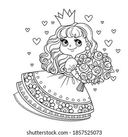 Cute princess in lush dress holding a large bouquet of roses outlined for coloring book