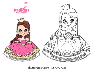 Cute princess in lush dress outlined and color for coloring book