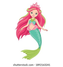 Cute princess mermaid. Cartoon vector illustration