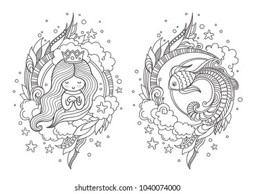 Cute princess mermaid and fantasy fish. Page for coloring book, greeting card, print, t-shirt, poster. Hand-drawn vector illustration.