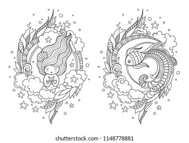 Cute princess mermaid and fantasy fish. Page for coloring book, greeting card, print, t-shirt, poster. Hand-drawn vector illustration.