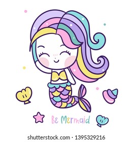 Cute Princess mermaid vector girl ocean cartoon Kawaii character fairytale pastel color -Perfect for kid's greeting card design and Print for t-shirt. Romantic hand drawing or decoration kid’s room