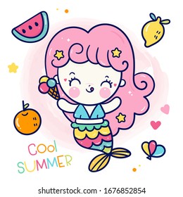 Cute Princess mermaid vector girl cartoon summer collection lemon watermelon orange Kawaii character fairytale pastel color, ocean marine doodles -Perfect for greeting card design and Print for shirt.