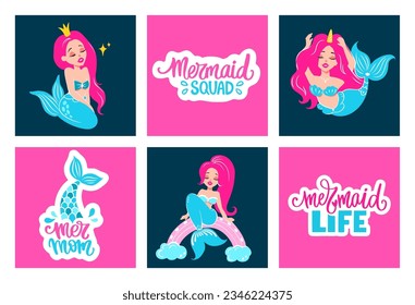 Cute Princess Mermaids Unicorn with Pink Hair and Blue Tail Vector Cards. Lettering Quote. Adorable Cartoon Characters. Baby Print Illustrations for Nursery, Party Decoration.