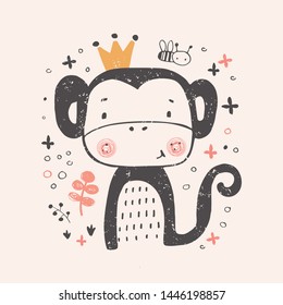 Cute Princess monkey. hand drawn vector illustration