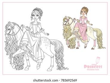 Cute princess on horse with a long mane color and outlined isolated on a white background