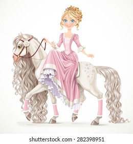 Cute princess on a white horse with a long mane isolated on a white background