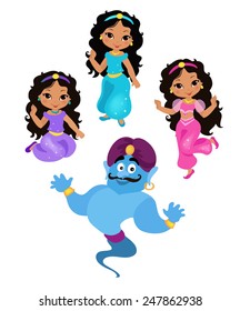 Cute Princess oriental tale   magician genie  Isolated white background 