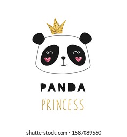 Cute princess panda, golden glitter crown. Girlish print for textiles, postcards. Vector isolated illustration on a white background for children.