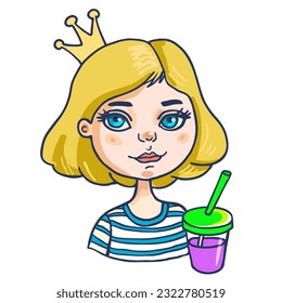 cute princess with pink cocktail  vector sticker