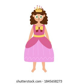 Cute princess in pink dress and crown. Beautiful girl isolated element. Little queen design for kids. Vector illustration