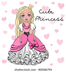 Cute Princess in a pink dress on a heart background