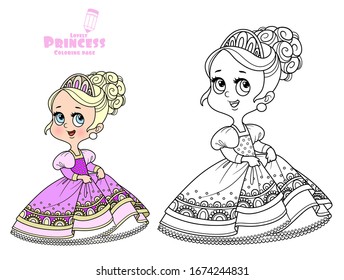 Cute princess in a pink dress outlined and color for coloring book