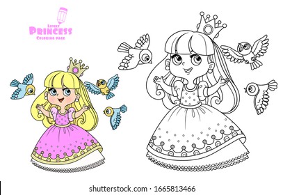 Cute princess in a pink dress sings for birds outlined and color for coloring book