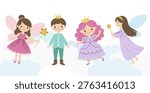 Cute princess, prince and fairies in flat minimal style. Simple pastel characters for kids fantasy design
