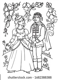 Cute princess and a prince are holding hands and looking at each other. Surrounded by flowers. Black and white vector for coloring, for card or gift. 