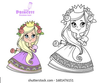 Cute princess in purple dress outlined and color for coloring book