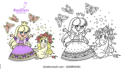 Cute princess in purple dress with cute unicorn baby in roses wreath outlined and color for coloring book