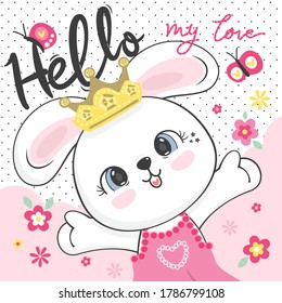 Cute princess rabbit in love with text hello my love, Valentine day card design.