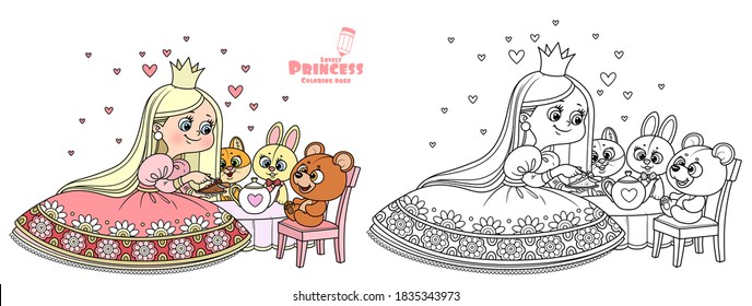 Cute princess in red dress feeding the teddy bear cake outlined and color for coloring book