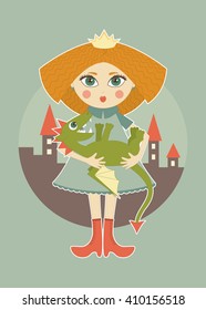 Cute princess with red hair holds a small dragon against the backdrop of the castle. Eps10 vector illustration.