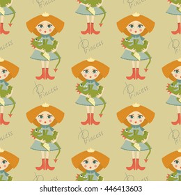 Cute princess with red hair holds a small dragon. Seamless pattern. Eps10 vector illustration.