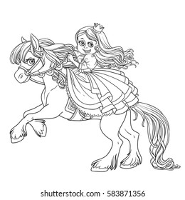 Cute princess riding on a horse that bucks front hooves outlined picture for coloring book on white background