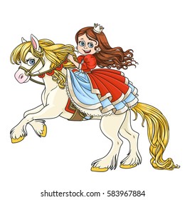 Cute princess riding on horse that bucks front hooves color isolated on a white background