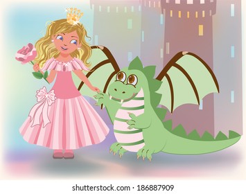 Cute  princess with rose and dragon, Happy Saint George card. vector illustration