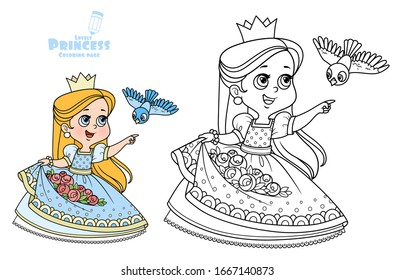 Cute princess with roses flowers in the hem and bird flying to the meeting outlined and color for coloring book